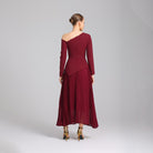 Burgundy One - shoulder Crepe Dress With Pleated Skirt - shopaleena