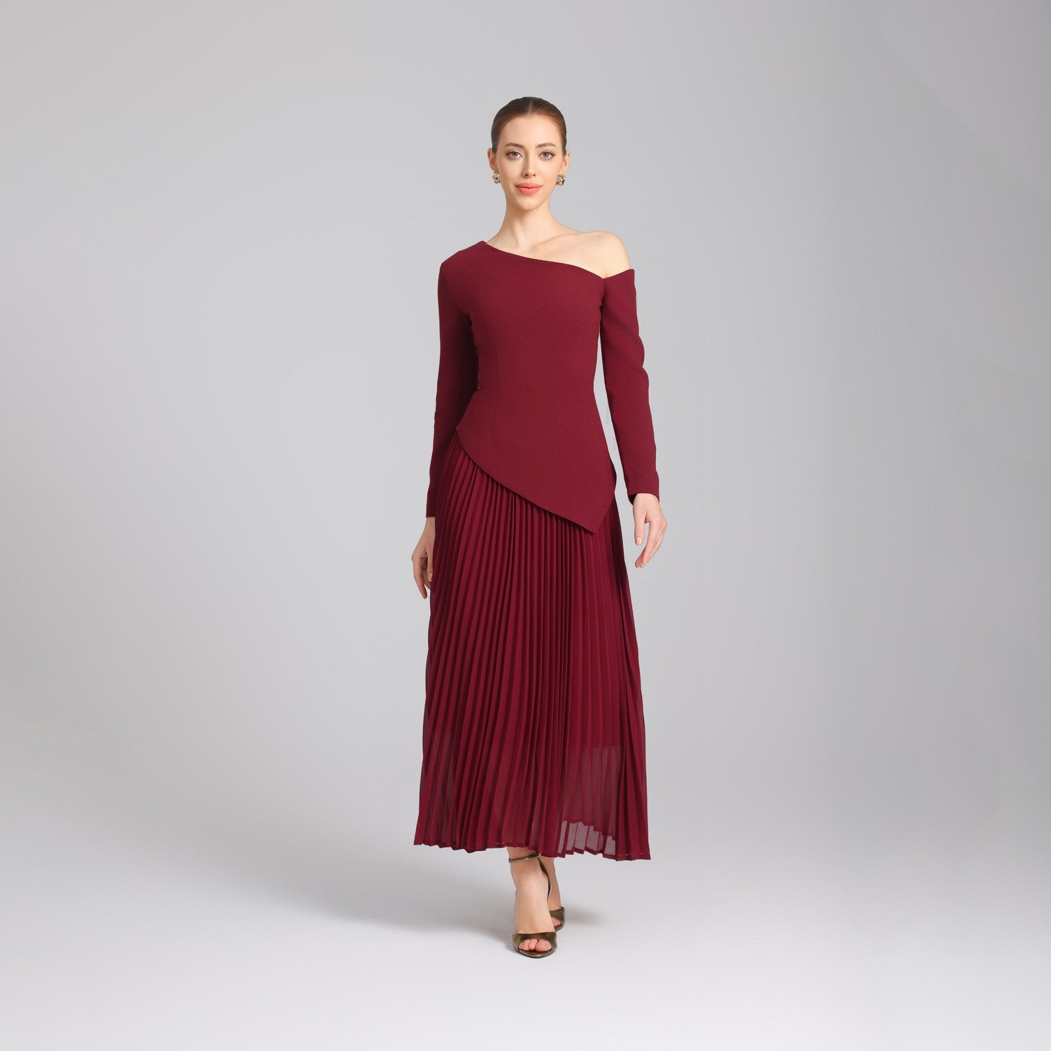 Burgundy One - shoulder Crepe Dress With Pleated Skirt - shopaleena