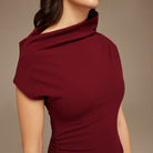 Burgundy & Pink Asymmetric Neckline Midi Dress with Pleats - shopaleena