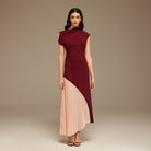 Burgundy & Pink Asymmetric Neckline Midi Dress with Pleats - shopaleena