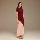 Burgundy & Pink Asymmetric Neckline Midi Dress with Pleats - shopaleena