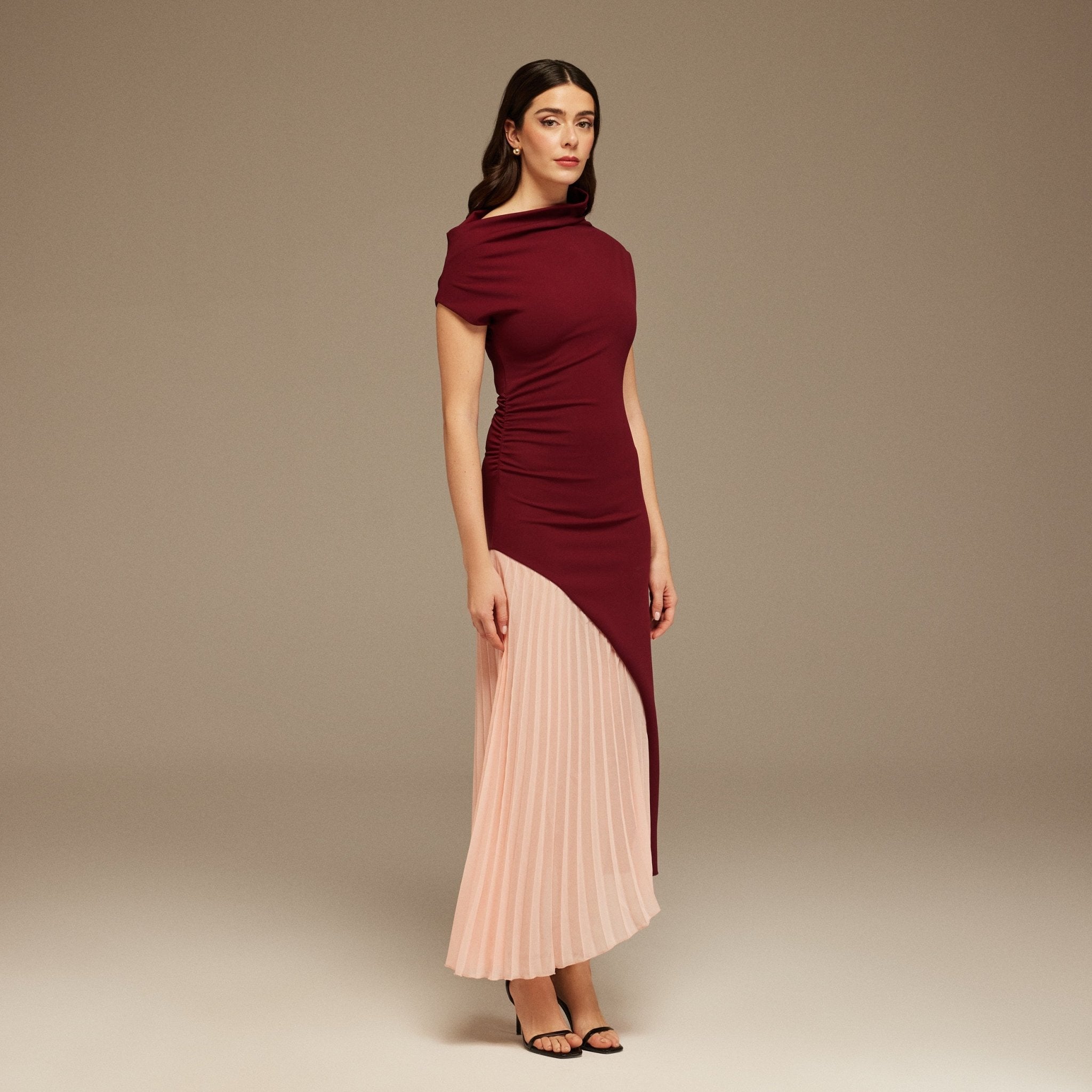 Burgundy & Pink Asymmetric Neckline Midi Dress with Pleats - shopaleena