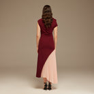 Burgundy & Pink Asymmetric Neckline Midi Dress with Pleats - shopaleena