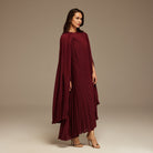 Burgundy Pleated Cape Midi Dress - shopaleena