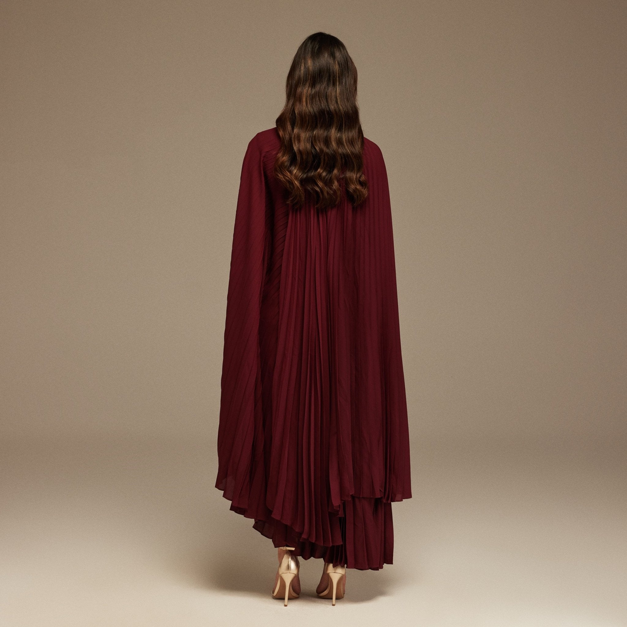 Burgundy Pleated Cape Midi Dress - shopaleena