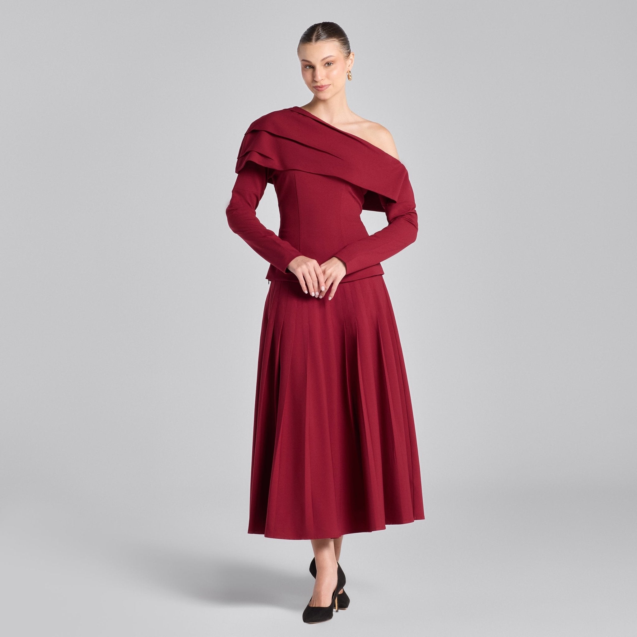 Burgundy Pleated Crepe Maxi Skirt - shopaleena