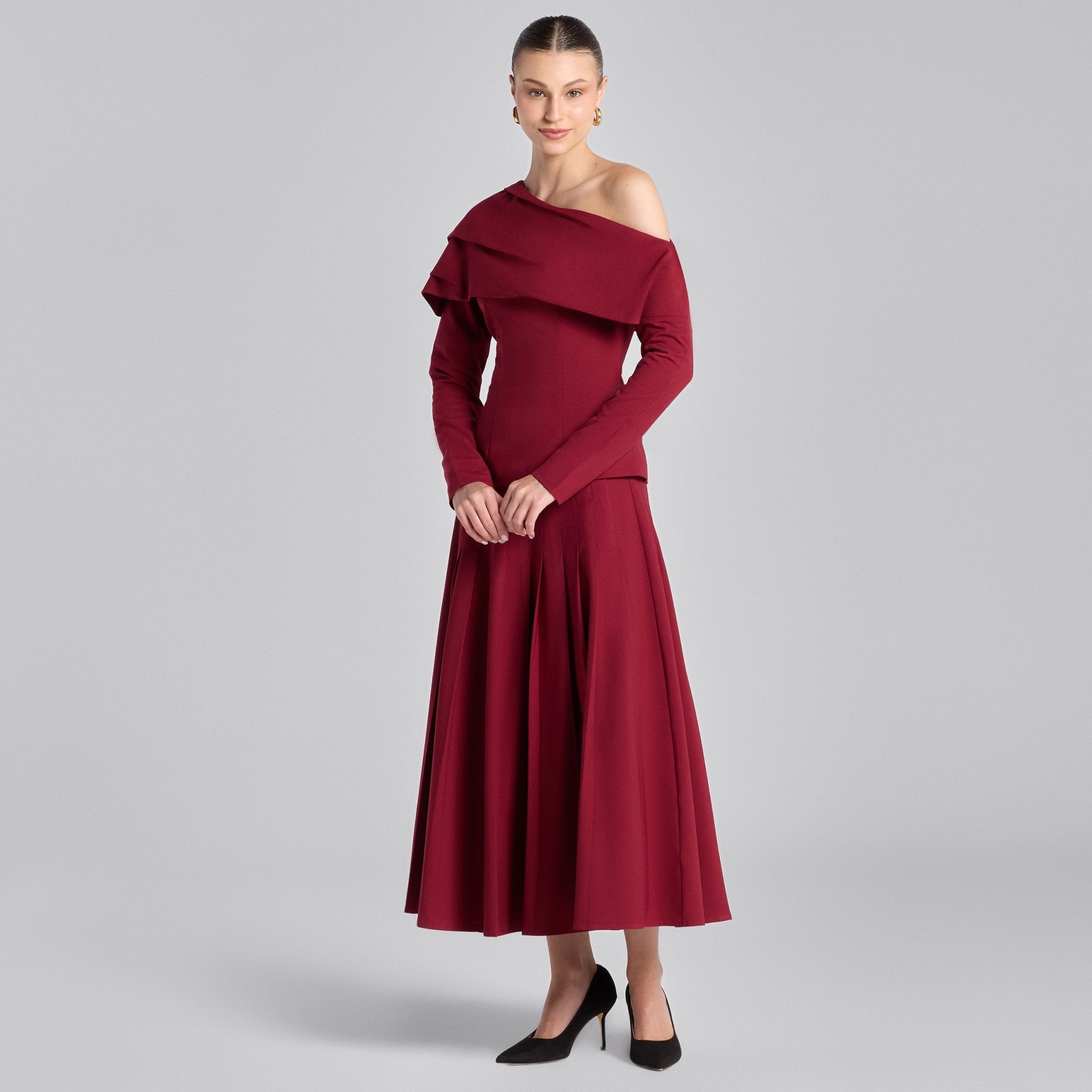 Burgundy Pleated Crepe Maxi Skirt - shopaleena