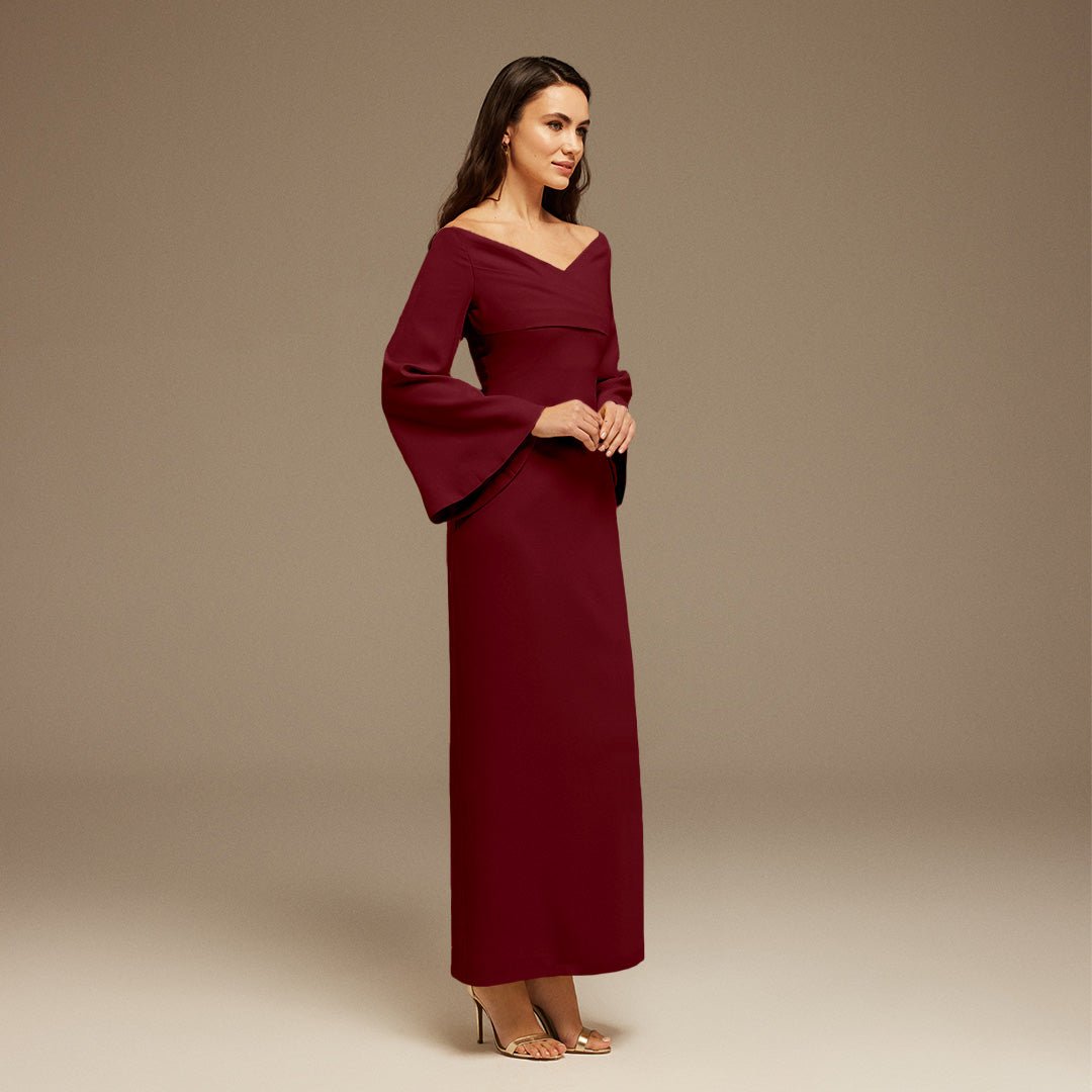 Burgundy Plum Off - Shoulder Crossover Top Midi Dress - shopaleena