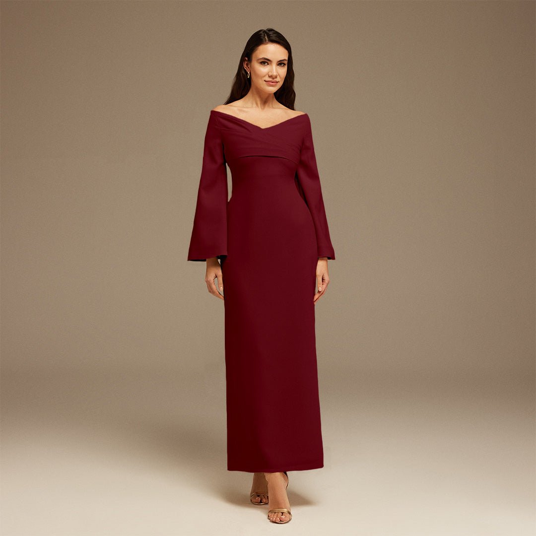 Burgundy Plum Off - Shoulder Crossover Top Midi Dress - shopaleena