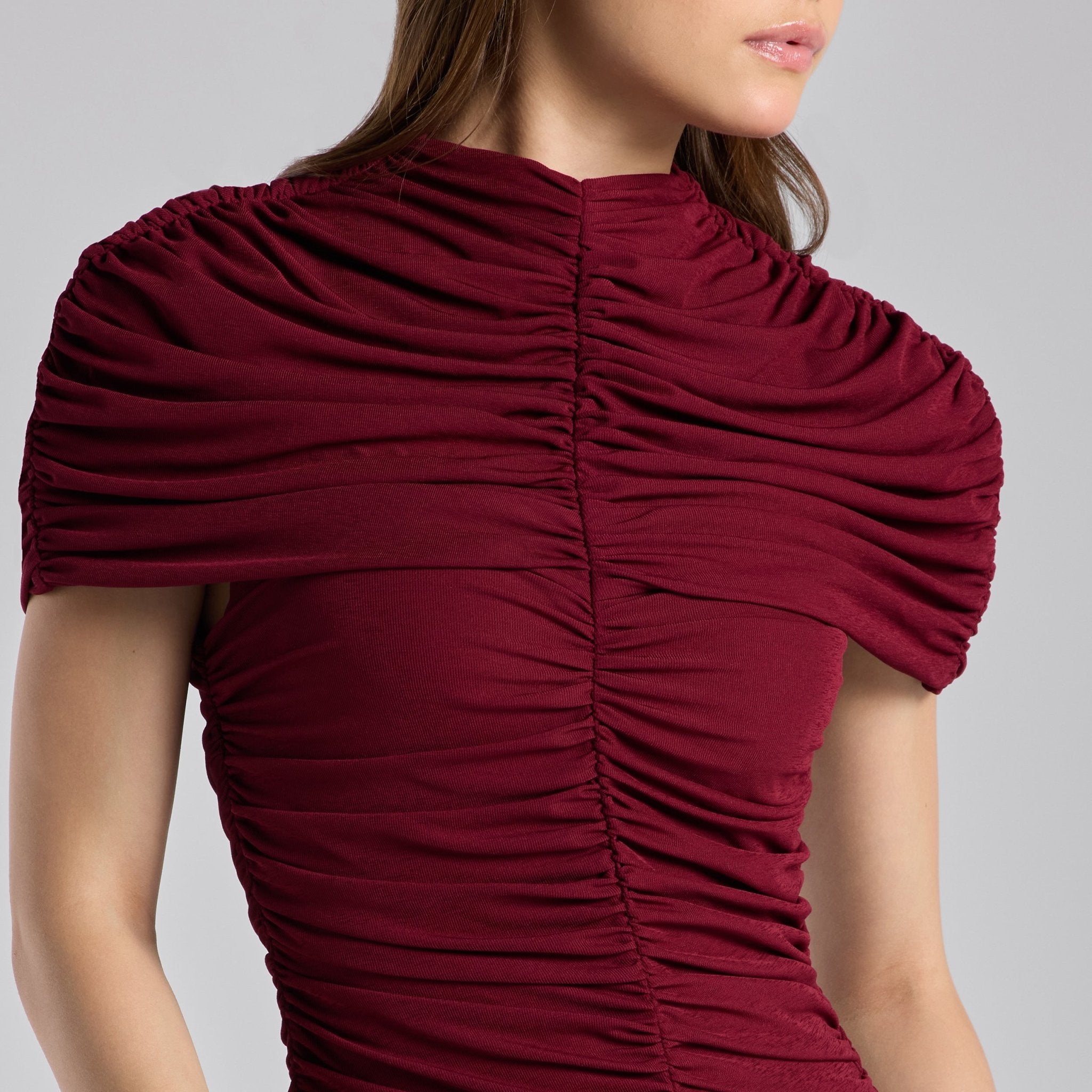 Burgundy Ruched Jersey Midi Dress - shopaleena