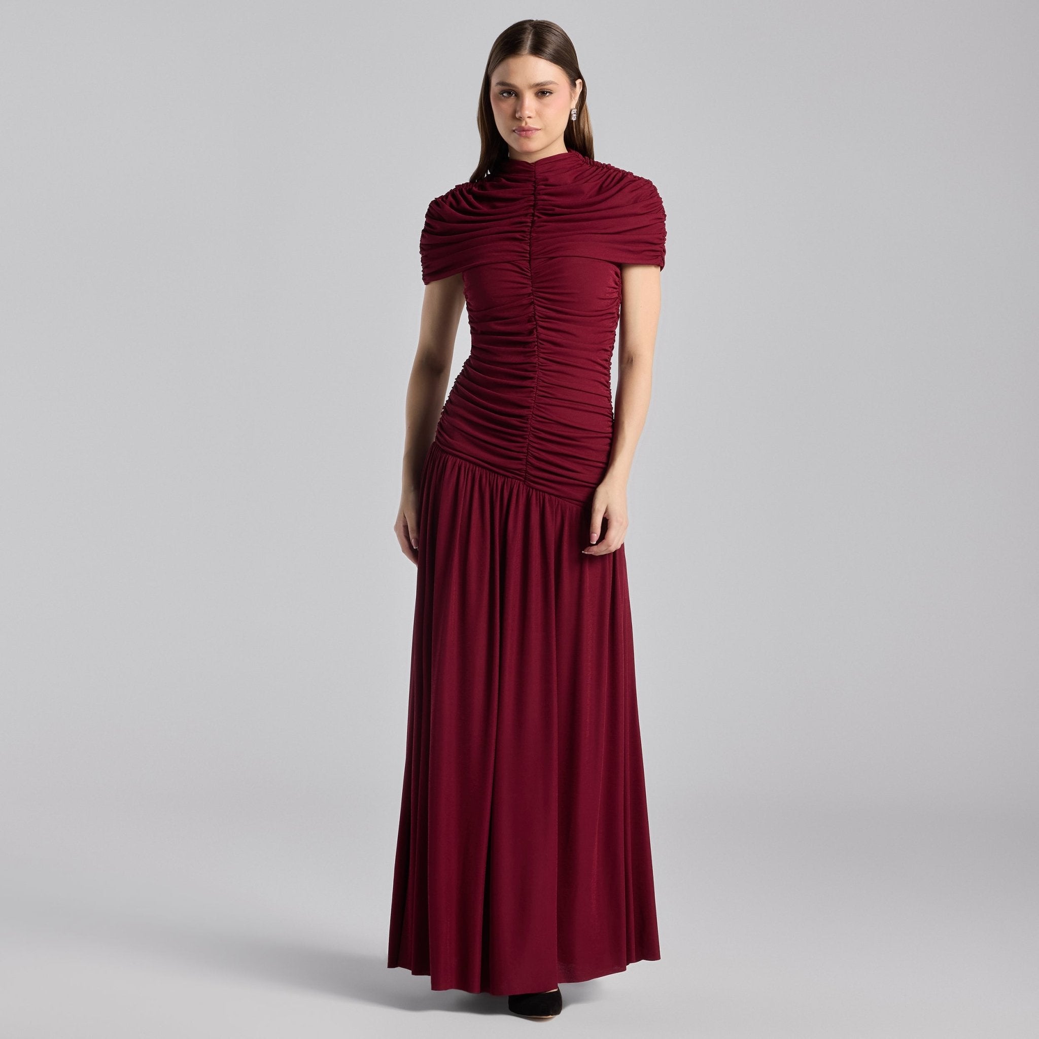 Burgundy Ruched Jersey Midi Dress - shopaleena