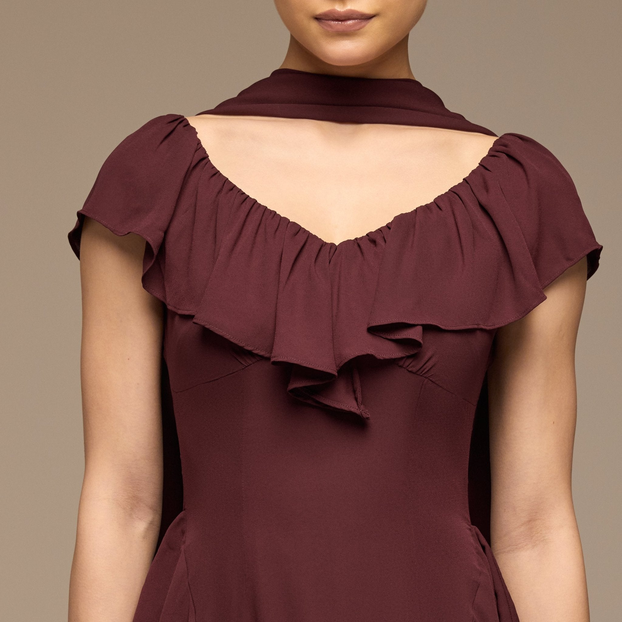 Burgundy Ruffle Chiffon Maxi Dress - shopaleena