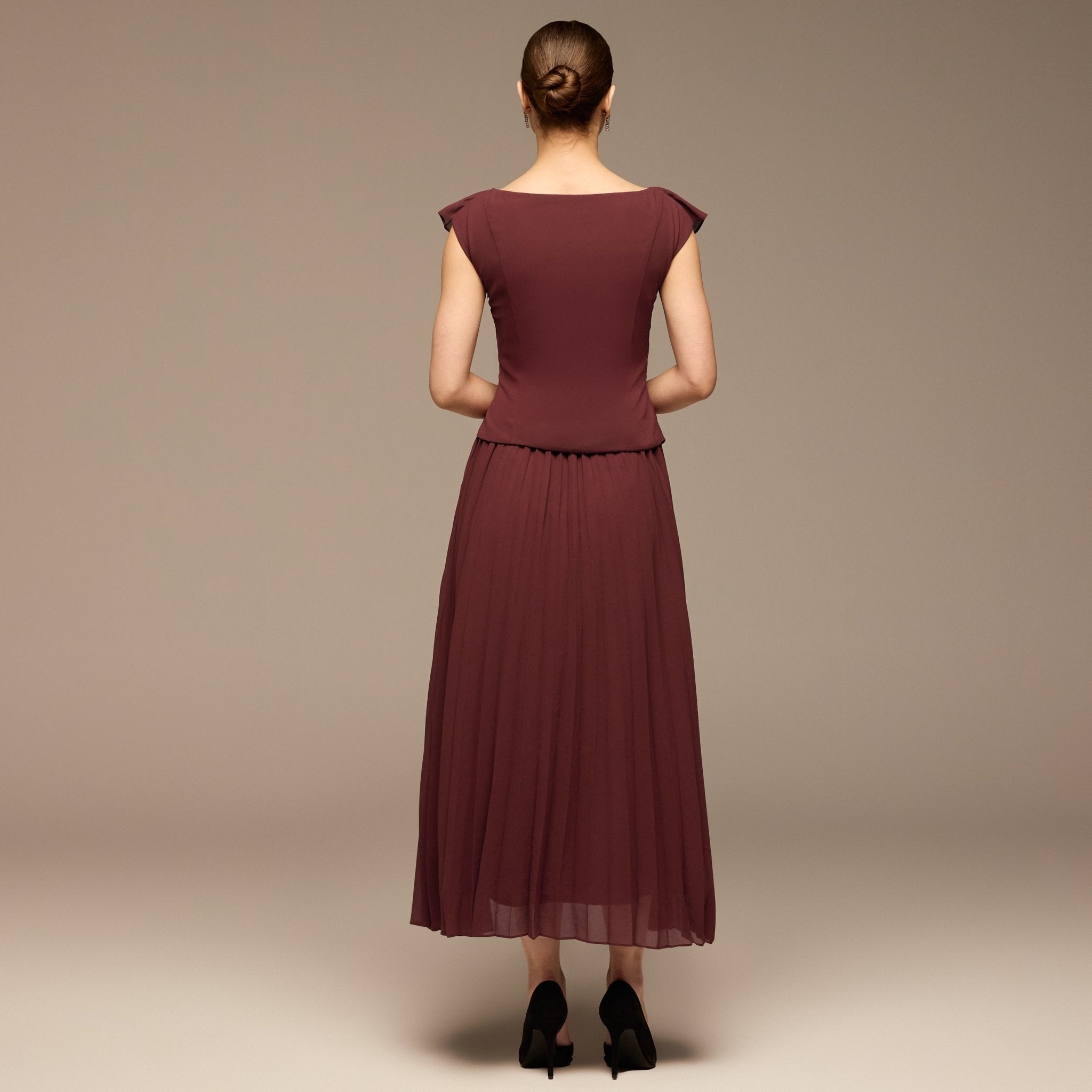 Burgundy Ruffle Neck Pleated Chiffon Dress - shopaleena