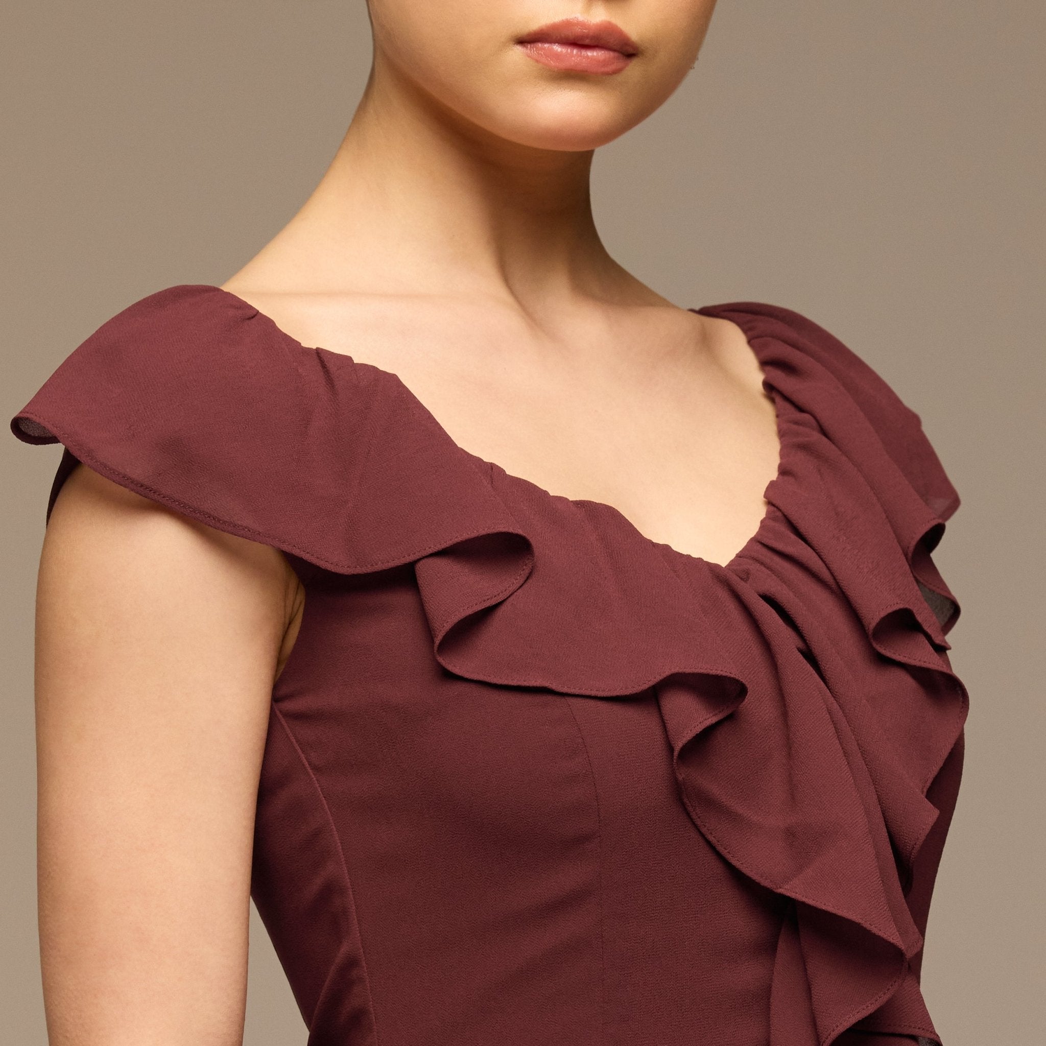 Burgundy Ruffle Neck Pleated Chiffon Dress - shopaleena