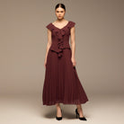 Burgundy Ruffle Neck Pleated Chiffon Dress - shopaleena