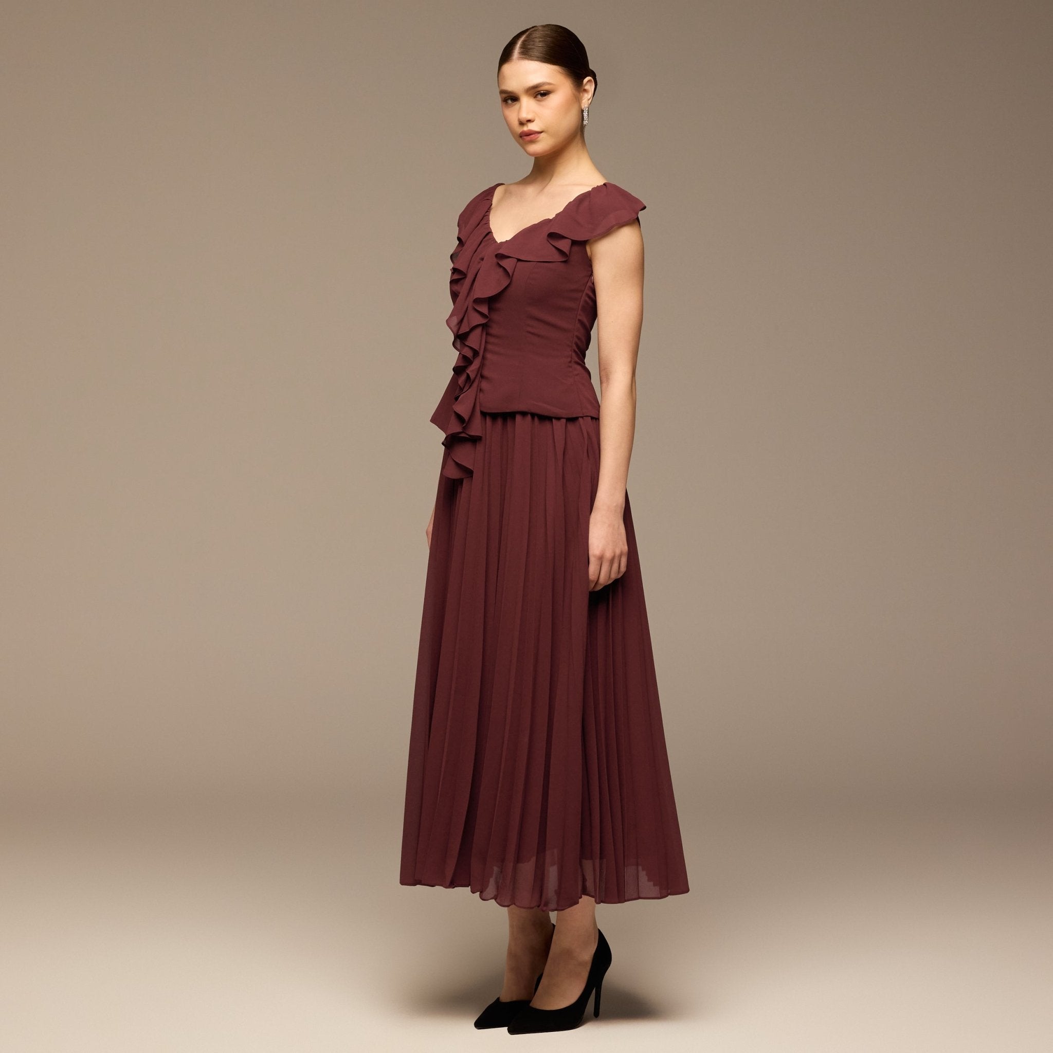 Burgundy Ruffle Neck Pleated Chiffon Dress - shopaleena