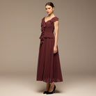 Burgundy Ruffle Neck Pleated Chiffon Dress - shopaleena