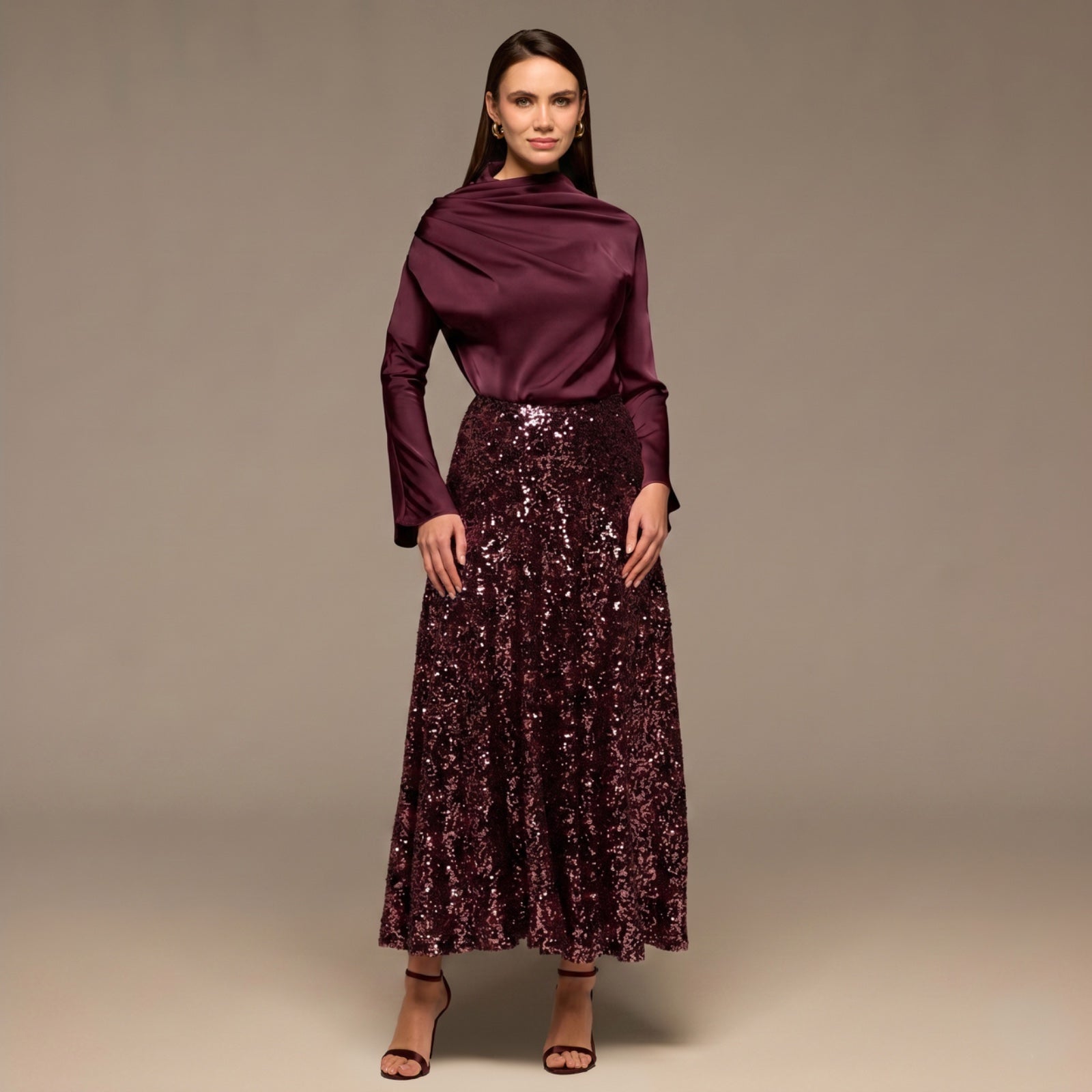 Burgundy Satin Long Sleeve Blouse - shopaleena