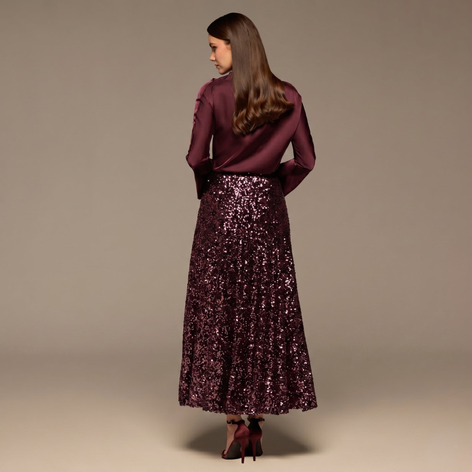 Burgundy Satin Long Sleeve Blouse - shopaleena