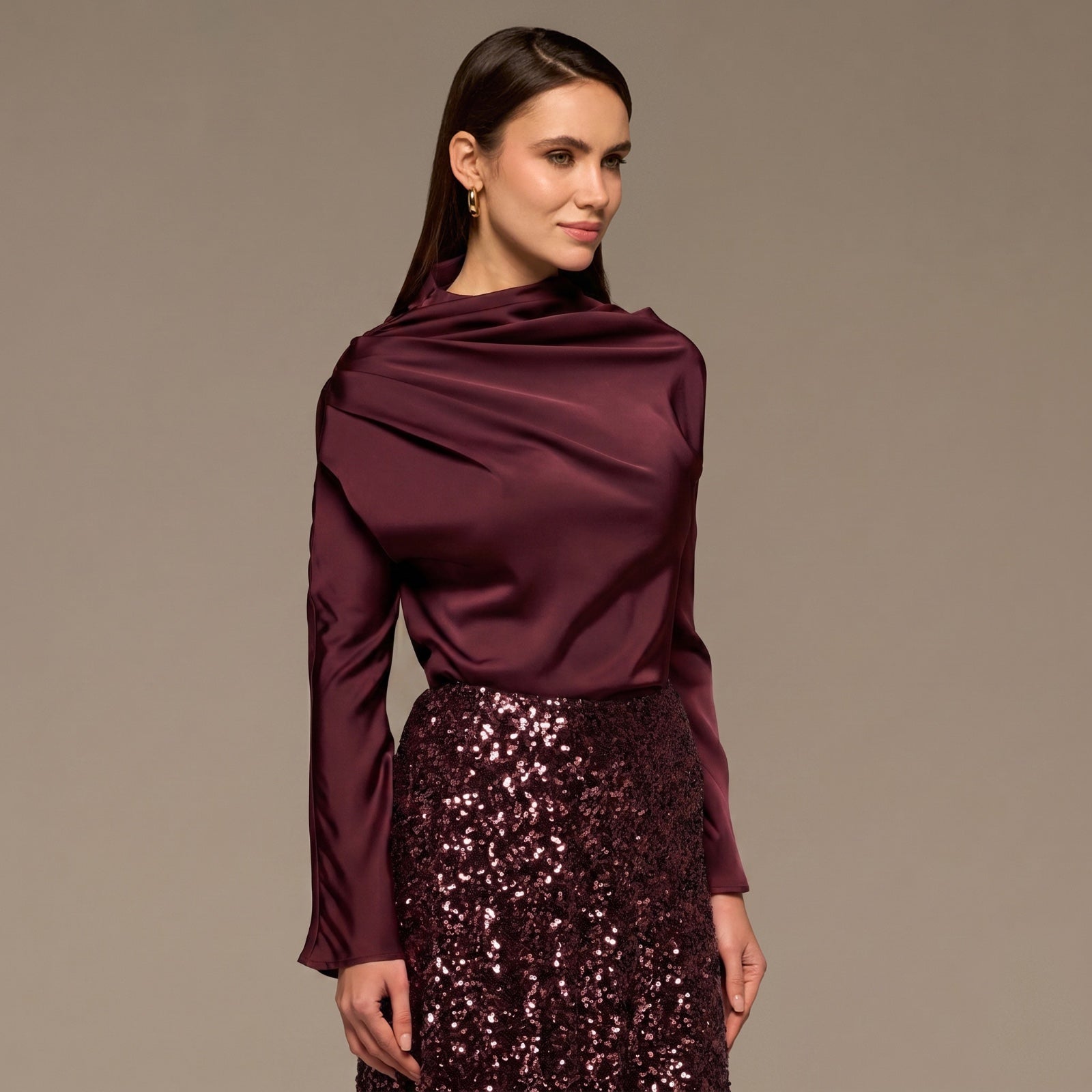 Burgundy Satin Long Sleeve Blouse - shopaleena