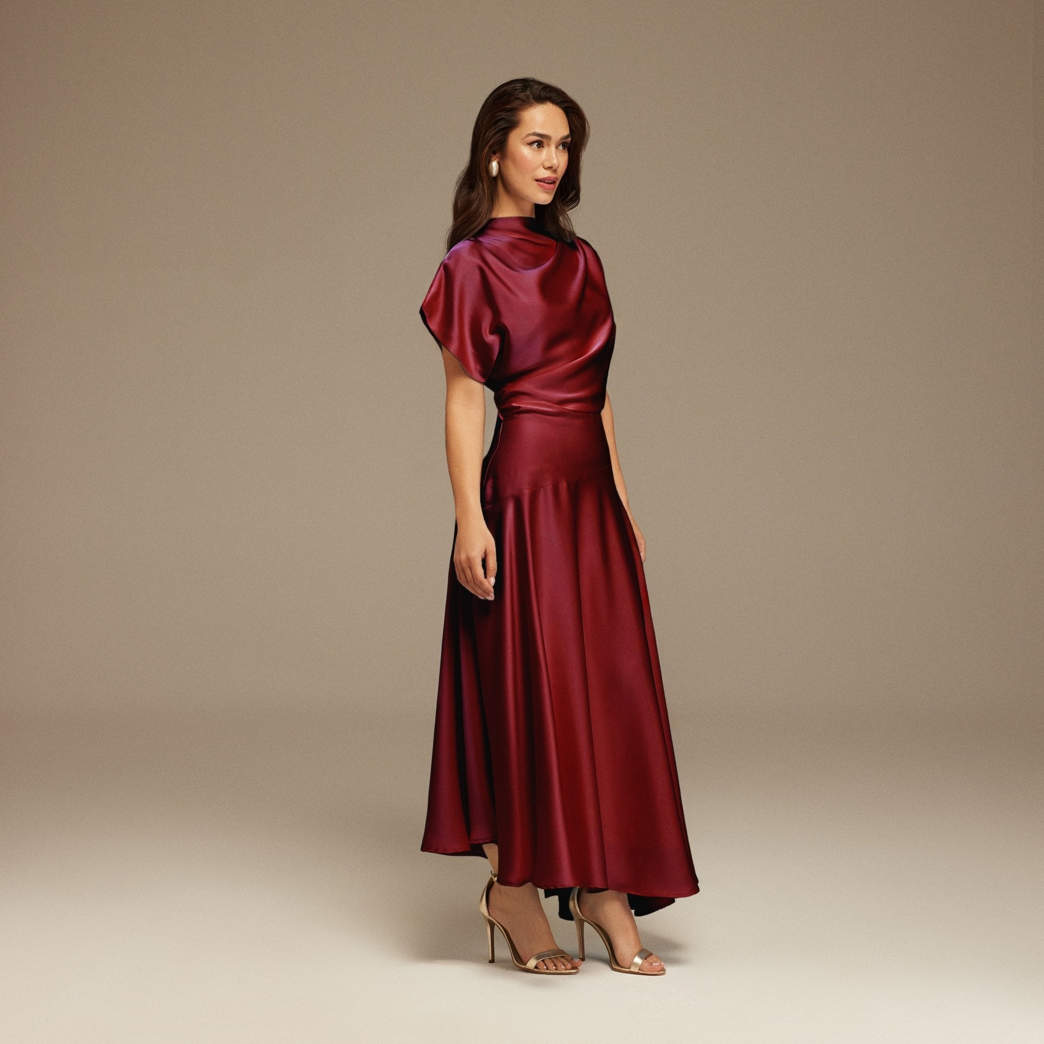 Burgundy Short Sleeve Asymmetric Satin Dress - shopaleena