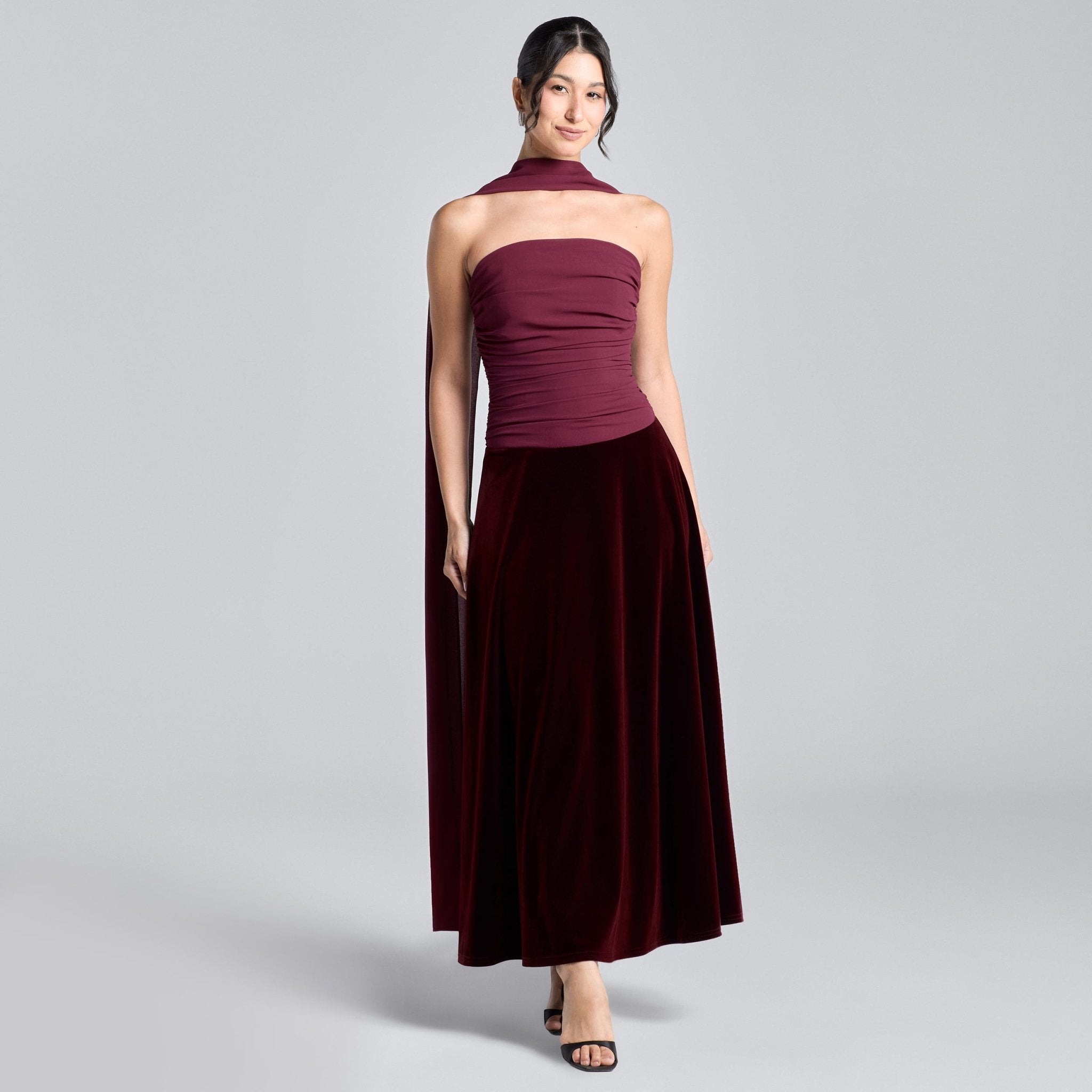 Burgundy Strapless Chiffon & Velvet Maxi Dress - shopaleena