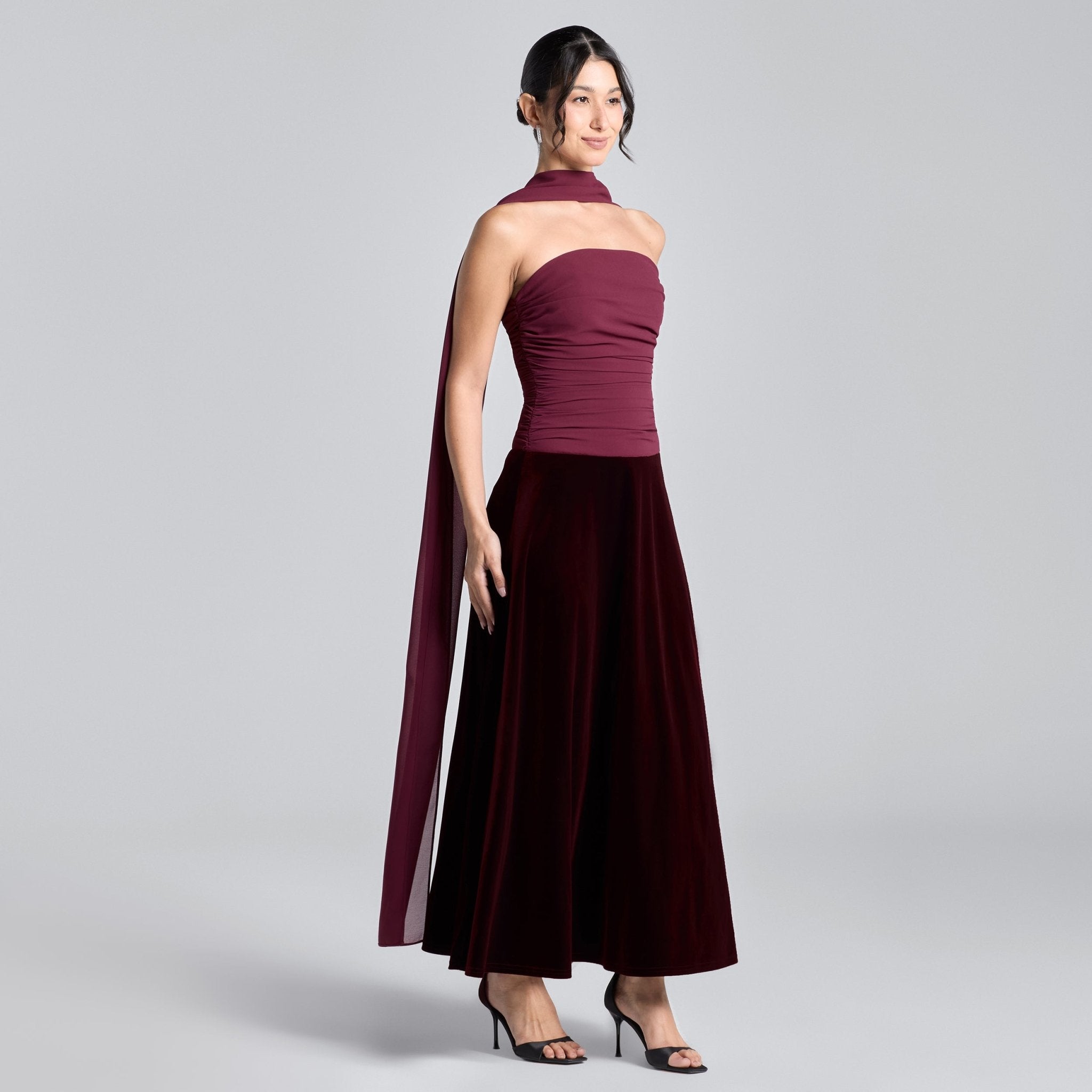 Burgundy Strapless Chiffon & Velvet Maxi Dress - shopaleena