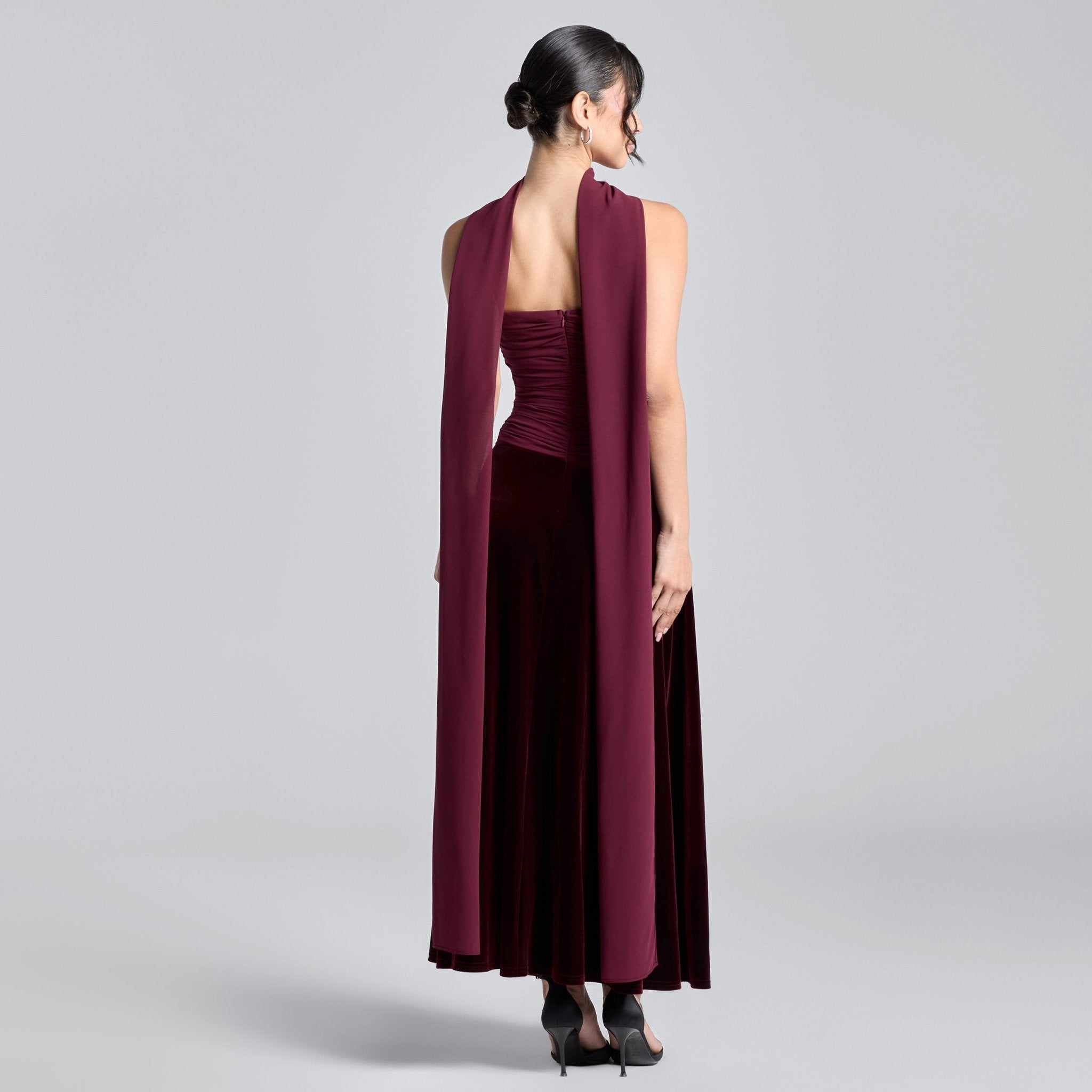 Burgundy Strapless Chiffon & Velvet Maxi Dress - shopaleena