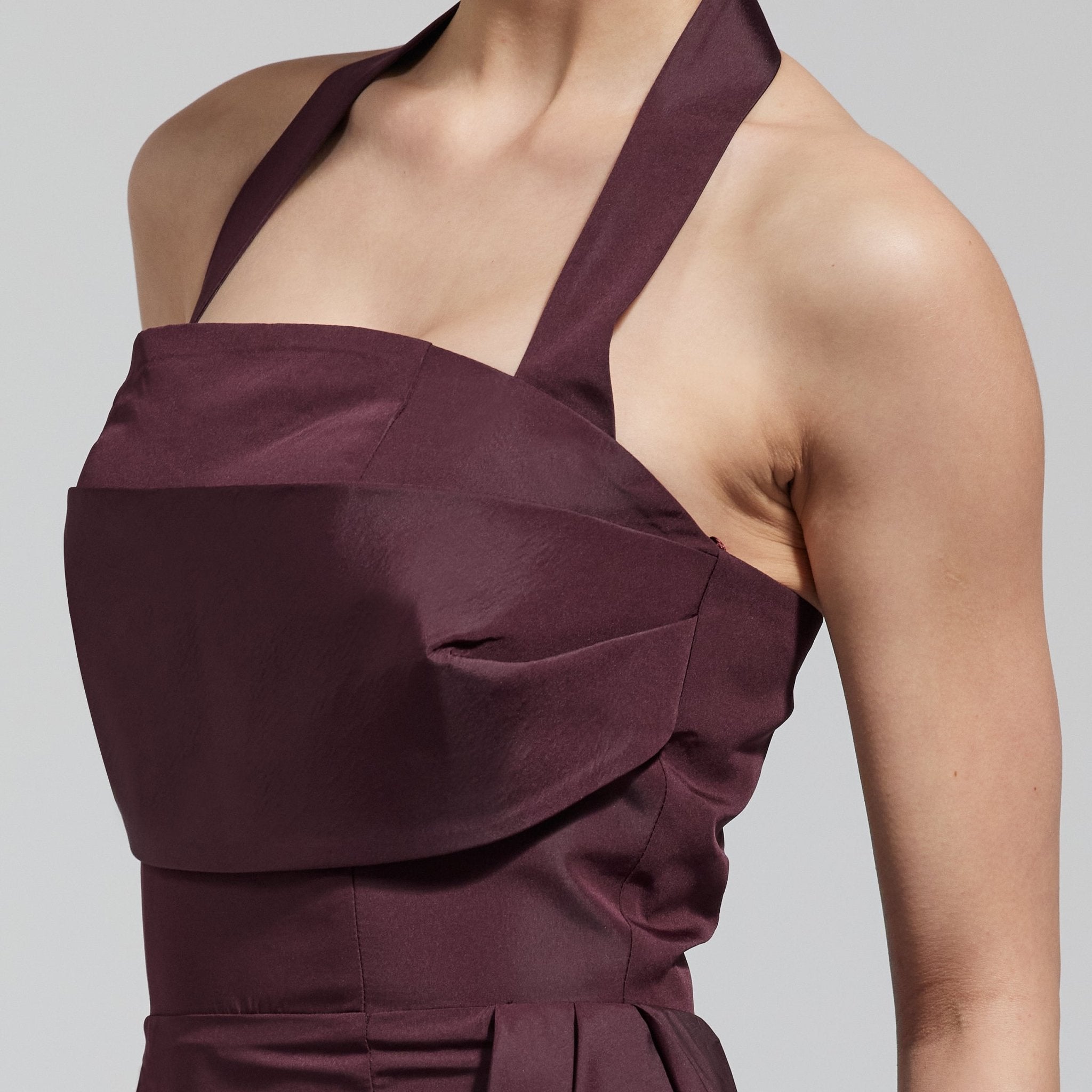 Burgundy Taffeta Halter Neck Maxi Dress - shopaleena