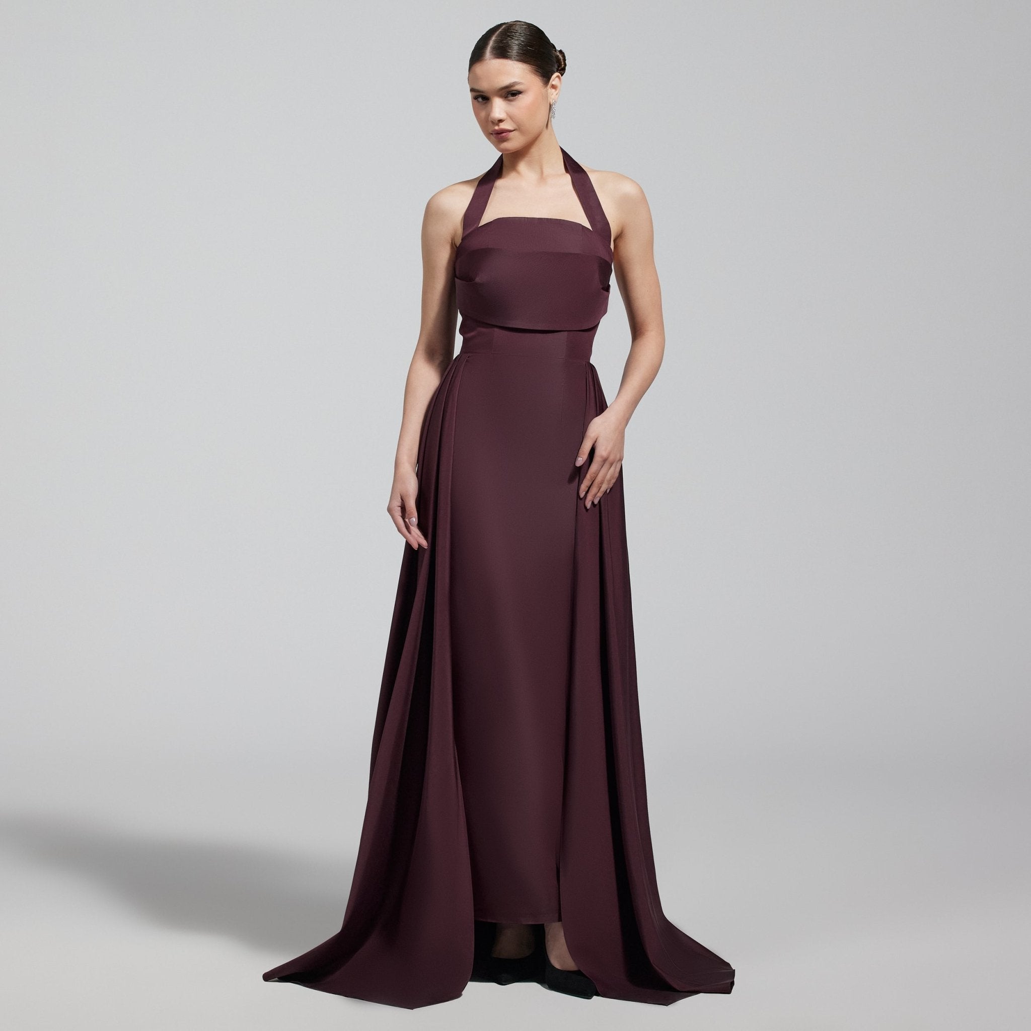 Burgundy Taffeta Halter Neck Maxi Dress - shopaleena