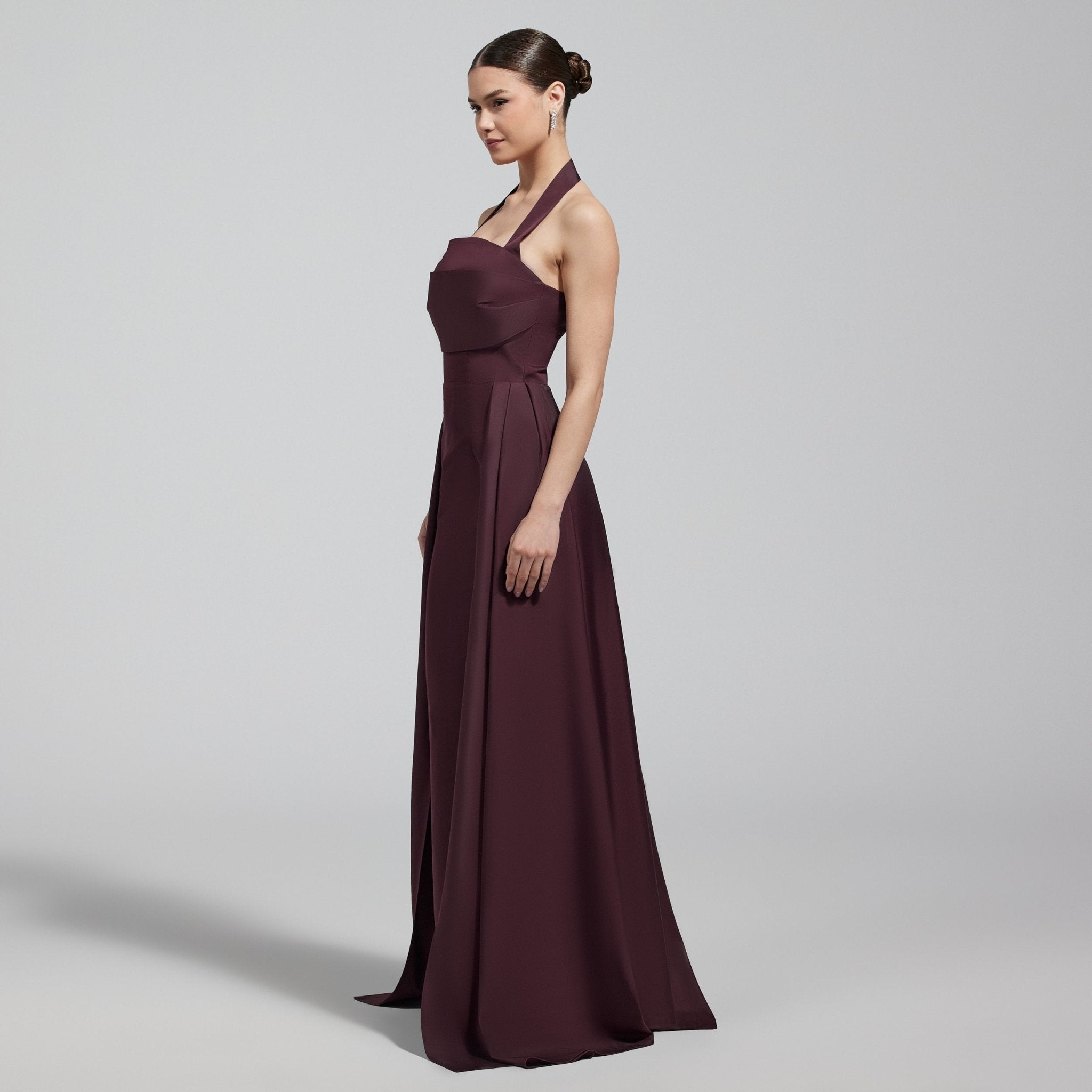 Burgundy Taffeta Halter Neck Maxi Dress - shopaleena