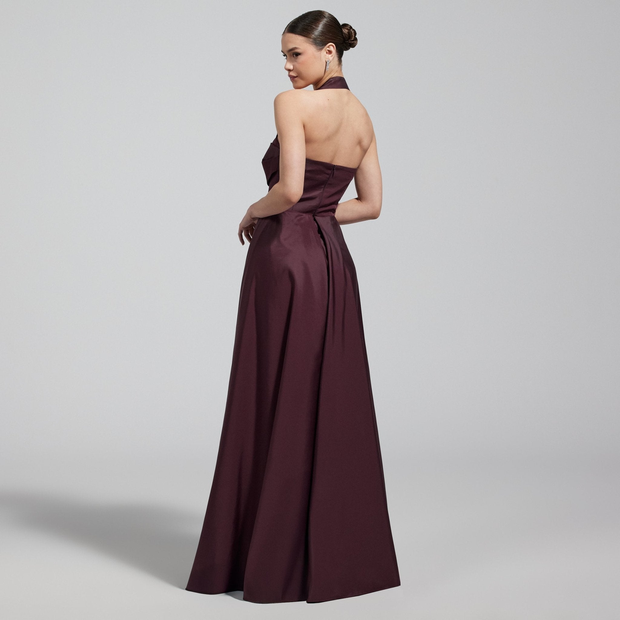 Burgundy Taffeta Halter Neck Maxi Dress - shopaleena