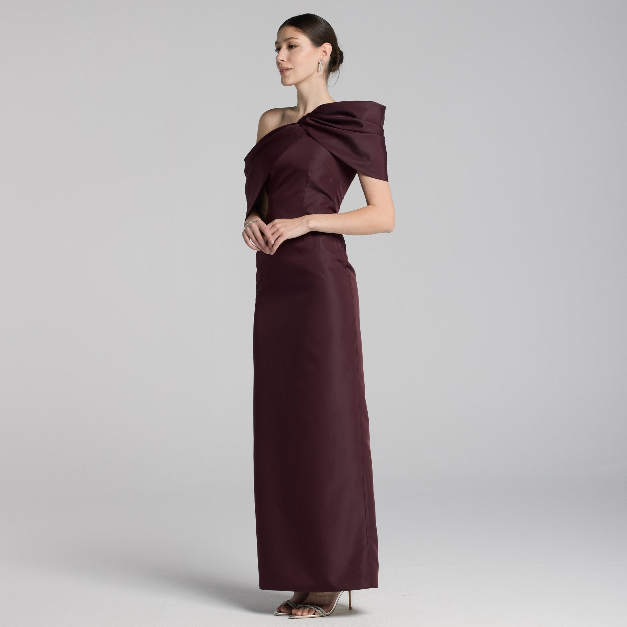 Burgundy Taffeta Off Shoulder Draped Maxi Dress - shopaleena