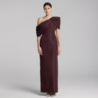 Burgundy Taffeta Off Shoulder Draped Maxi Dress - shopaleena