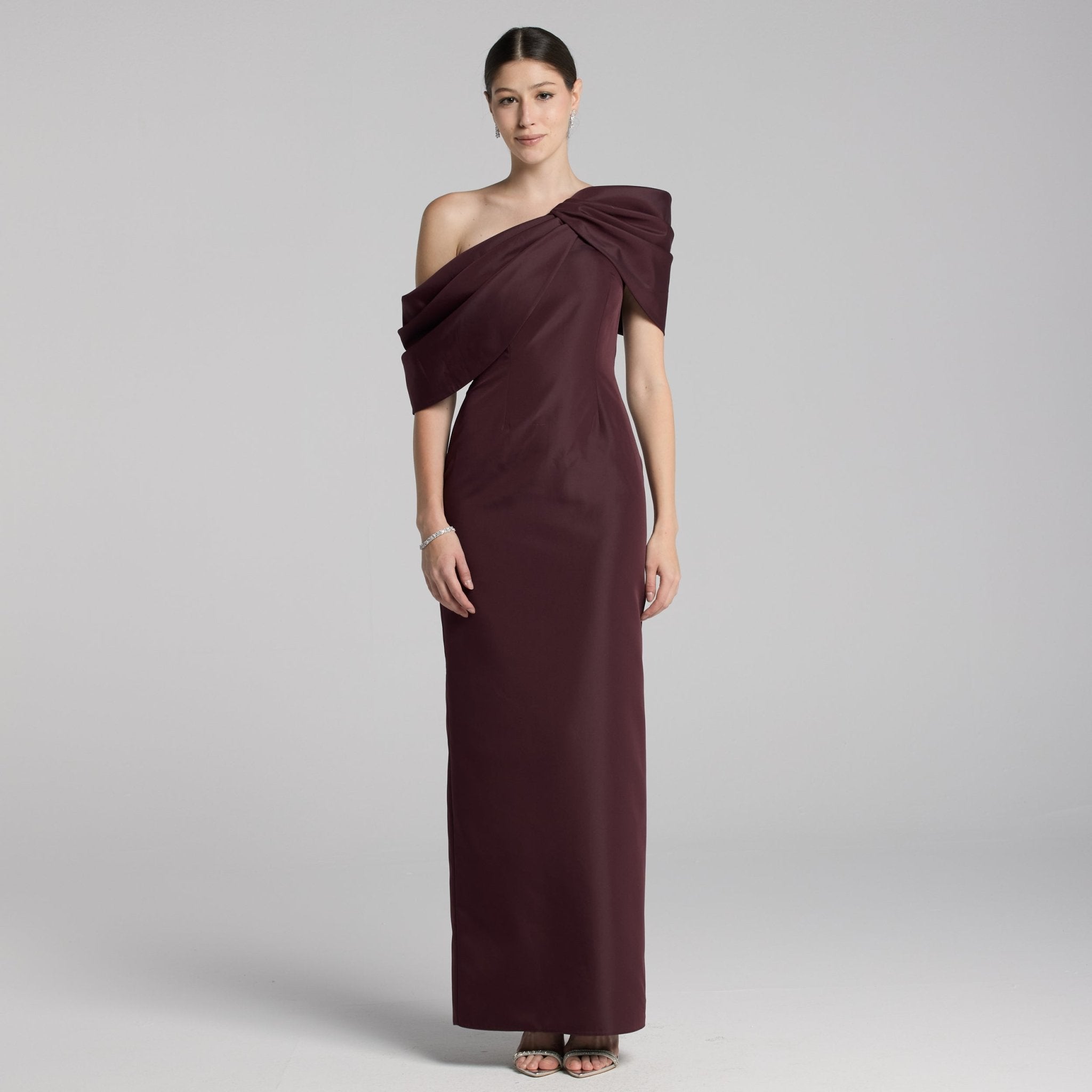 Burgundy Taffeta Off Shoulder Draped Maxi Dress - shopaleena