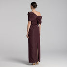 Burgundy Taffeta Off Shoulder Draped Maxi Dress - shopaleena