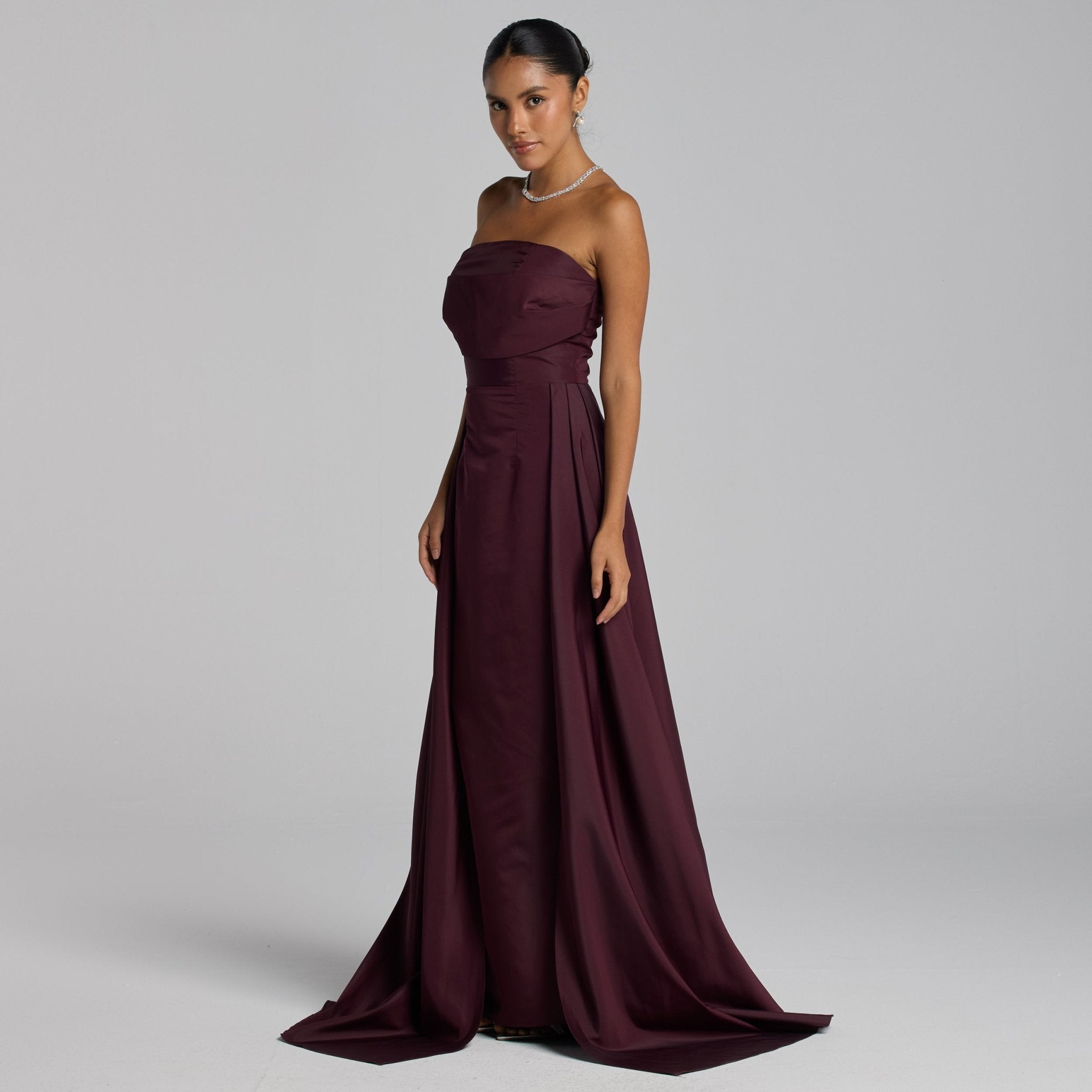 Burgundy Taffeta Strapless Maxi Dress - shopaleena