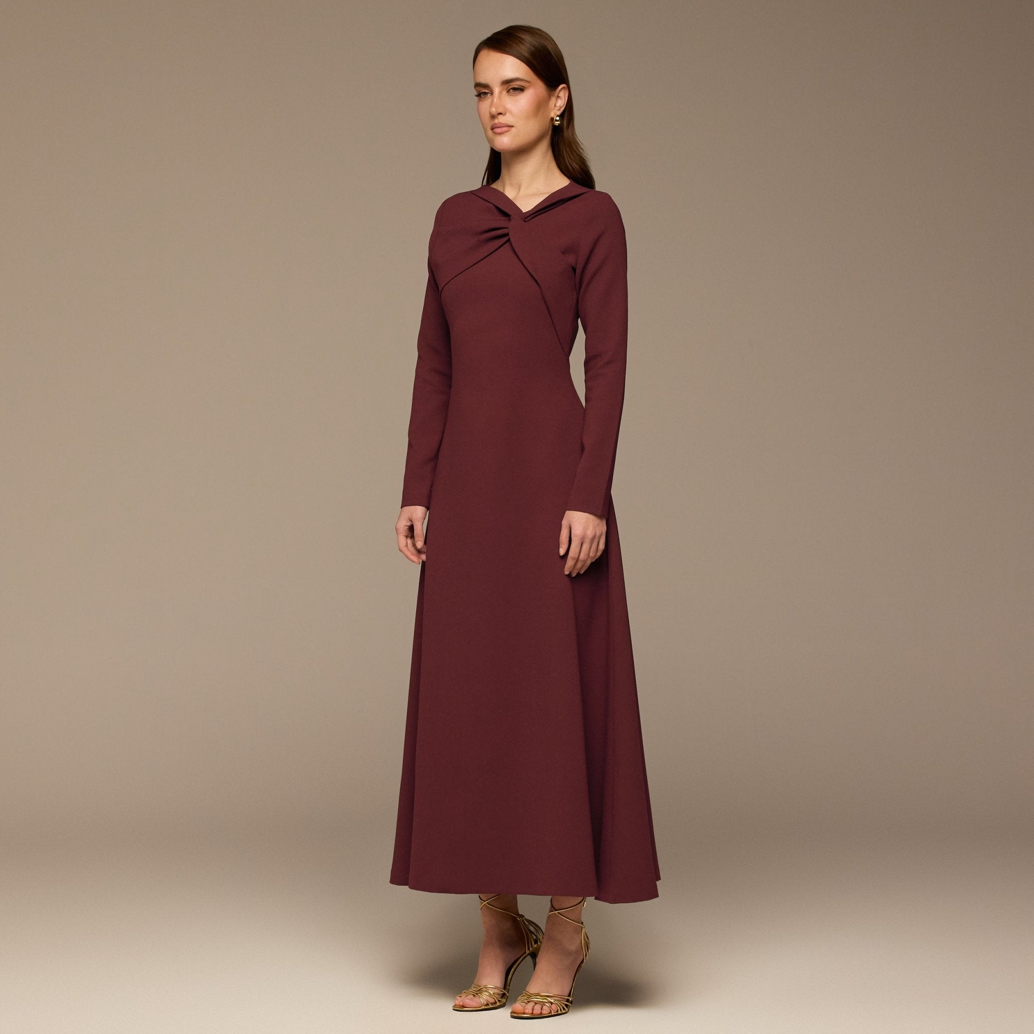Burgundy Twisted Neck Crepe Maxi Dress - shopaleena