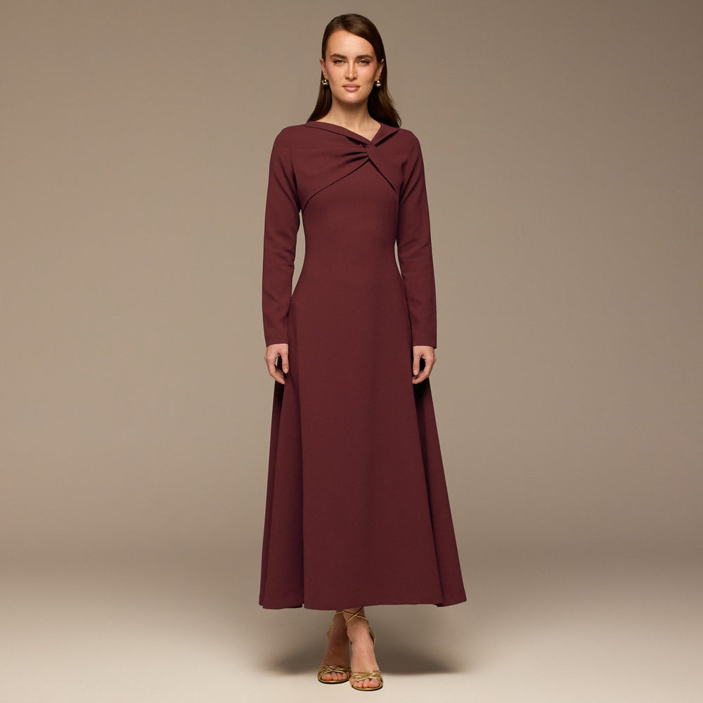 Burgundy Twisted Neck Crepe Maxi Dress - shopaleena