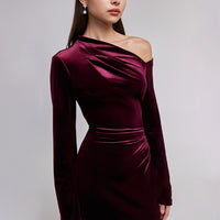 Burgundy Velvet Bare Shoulder Maxi Dress - shopaleena