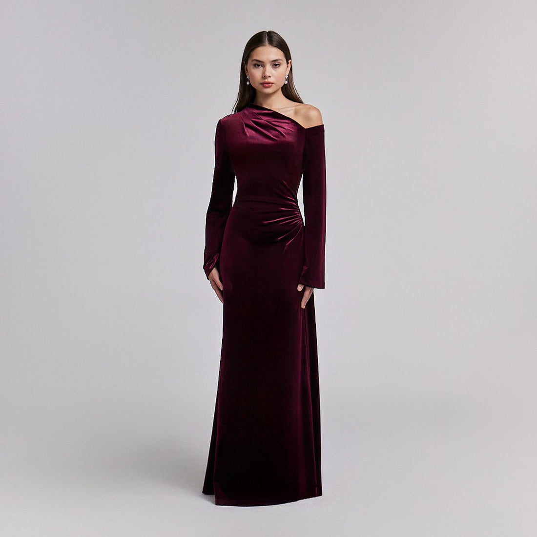 Burgundy Velvet Bare Shoulder Maxi Dress - shopaleena