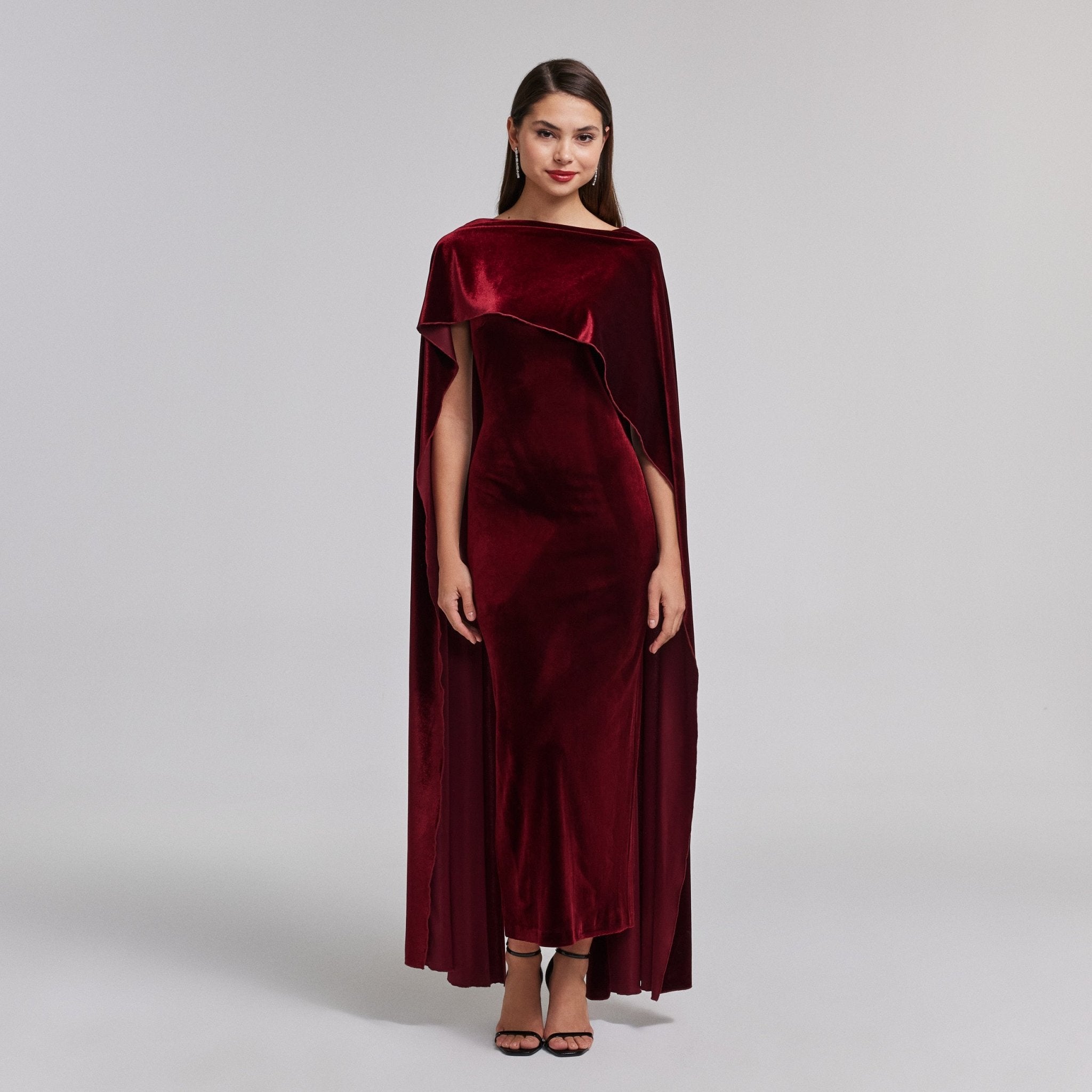 Burgundy Velvet Cape Maxi Dress - shopaleena