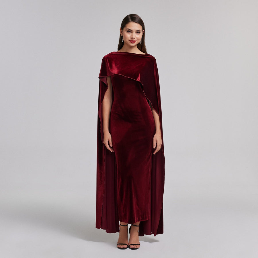 Burgundy Velvet Cape Maxi Dress - shopaleena