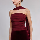 Burgundy Velvet - Chiffon Strapless Gown with Draped Scarf - shopaleena