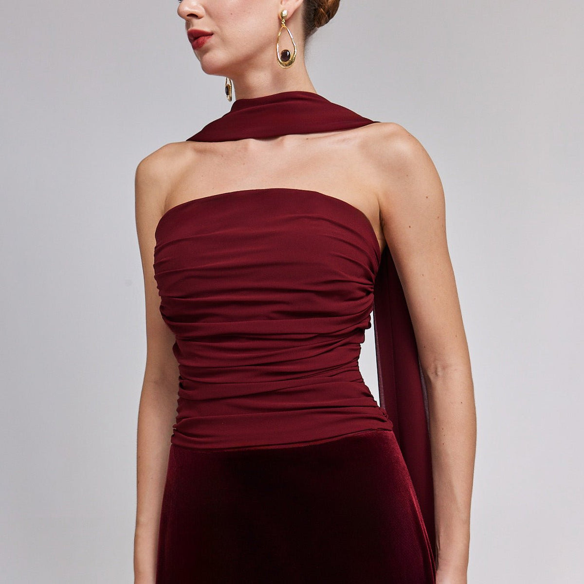 Burgundy Velvet - Chiffon Strapless Gown with Draped Scarf - shopaleena