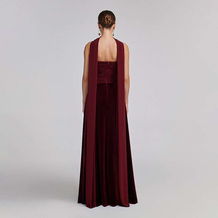 Burgundy Velvet - Chiffon Strapless Gown with Draped Scarf - shopaleena