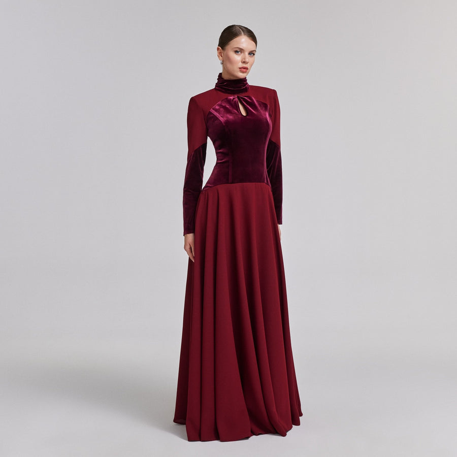 Burgundy Velvet - Crepe Maxi Dress with Pleated Skirt - shopaleena