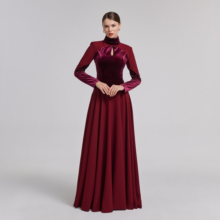 Burgundy Velvet - Crepe Maxi Dress with Pleated Skirt - shopaleena