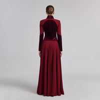 Burgundy Velvet - Crepe Maxi Dress with Pleated Skirt - shopaleena