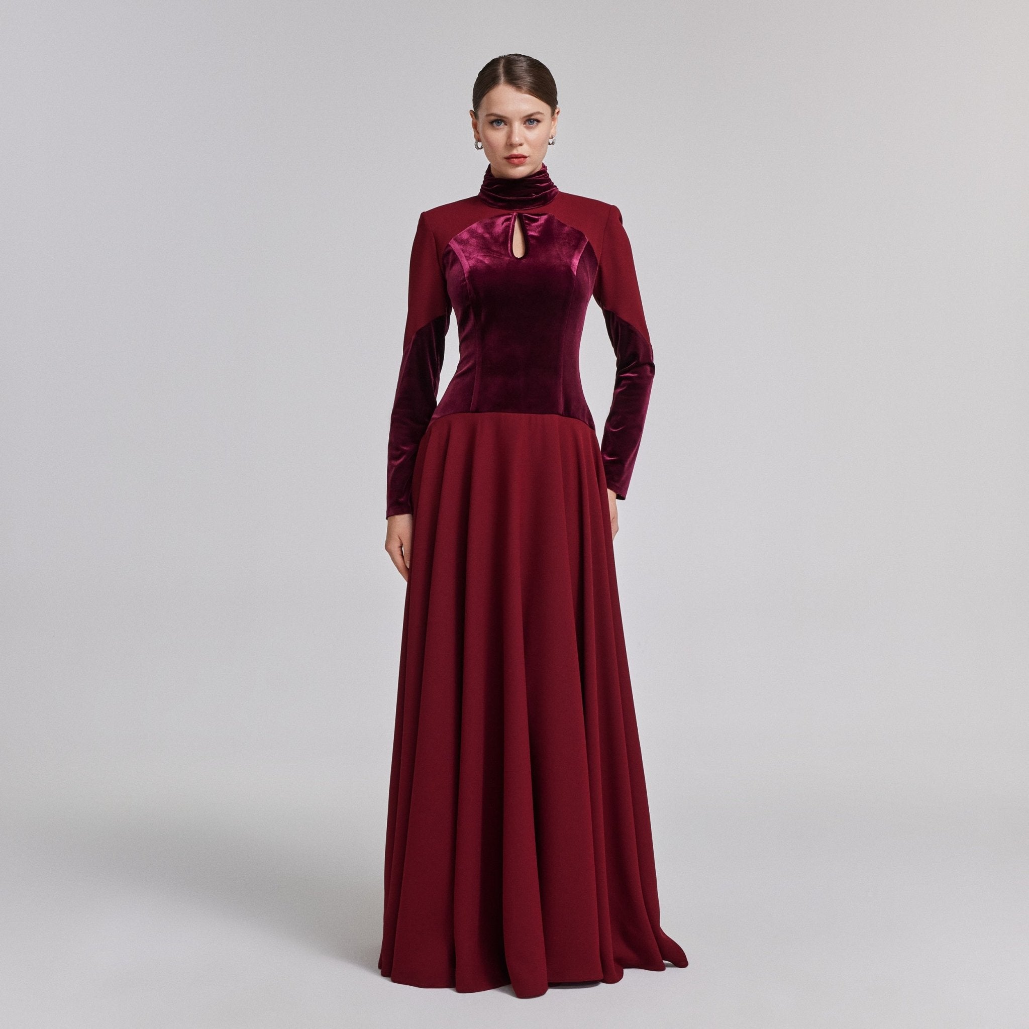 Burgundy Velvet - Crepe Maxi Dress with Pleated Skirt - shopaleena